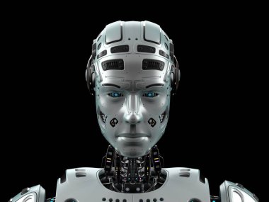 extremely detailed robot face or cyborg head. Front view isolated on black background. 3D render