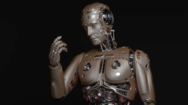 Detaillierter Futuristischer Roboter Oder Humanoider Cyborg Der Auf Seine Hand — Stockfoto