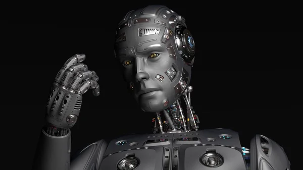 Velmi Podrobné Futuristické Robot Člověka Při Pohledu Jeho Ruku Černém — Stock fotografie
