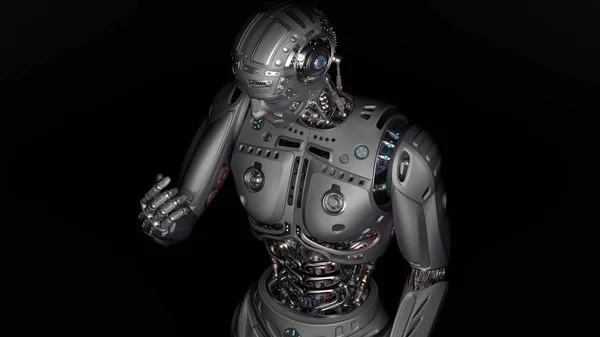 Very detailed futuristic robot man looking at his hand on black background 3D Render