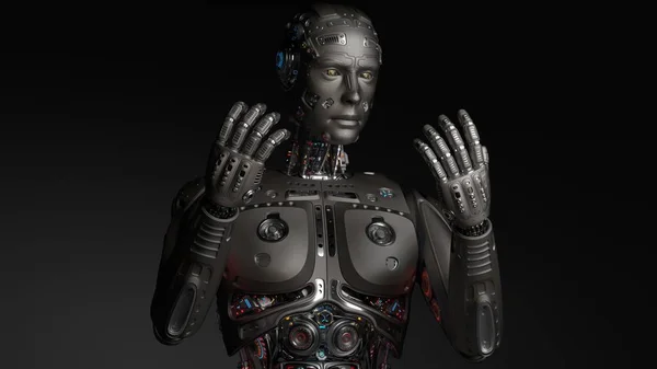 Mycket Detaljerad Futuristisk Robot Man Tittar Hans Händer Svart Bakgrund — Stockfoto