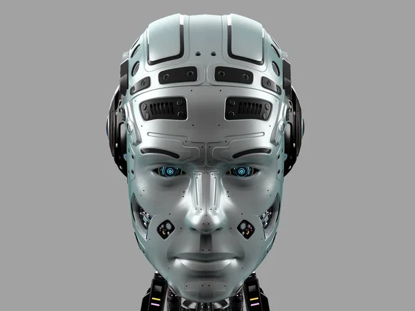 Cara Robot Extremadamente Detallada Cabeza Cyborg Vista Frontal Aislada Sobre — Foto de Stock