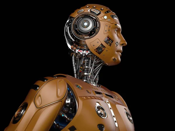 Mycket Detaljerad Futuristisk Robot Man Profil Svart Bakgrund Render — Stockfoto