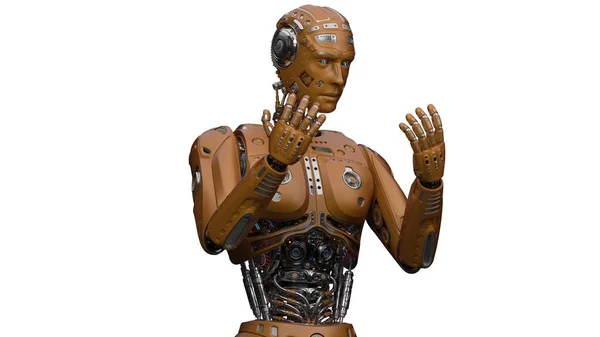 Hombre Robot Futurista Muy Detallado Mirando Sus Manos Sobre Fondo — Foto de Stock