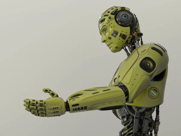 Velmi Podrobné Futuristické Robot Muž Nabízí Pomocnou Ruku Render — Stock fotografie