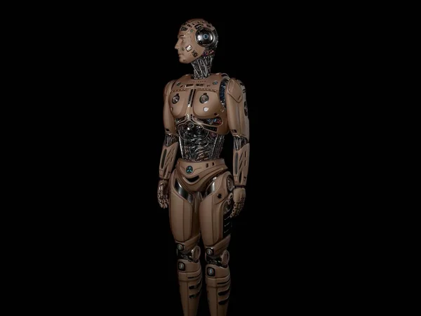 Detailed Futuristic Robot Man standing on black background 3D Render