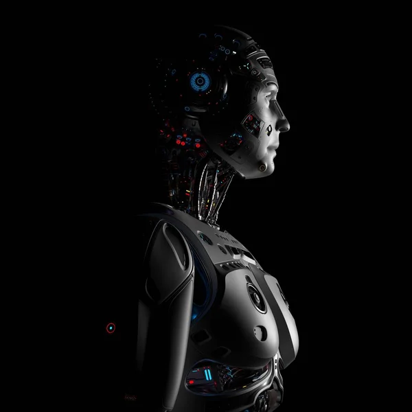Szczegółowy Profil Futurystyczny Człowieka Robot Czarnym Tle Render — Zdjęcie stockowe