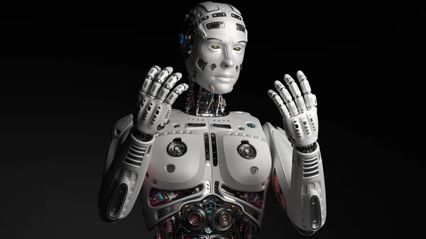 Подробный Футуристический Человек Робот Киборг Андроид Смотрящий Свои Руки Изолированный Стоковая Картинка