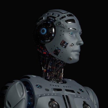 Çok detaylı fütüristik robot adam siyah arka plan 3d Render