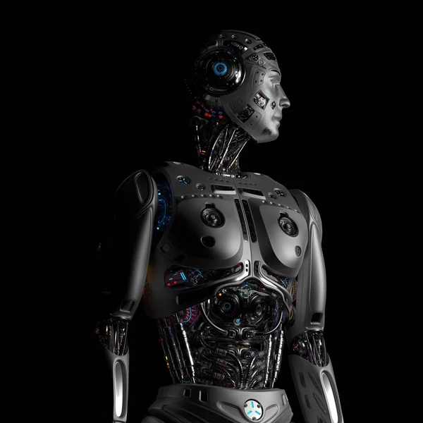 Bardzo Szczegółowe Robota Futurystyczna Człowiek Górnej Części Ciała Czarnym Tle — Zdjęcie stockowe
