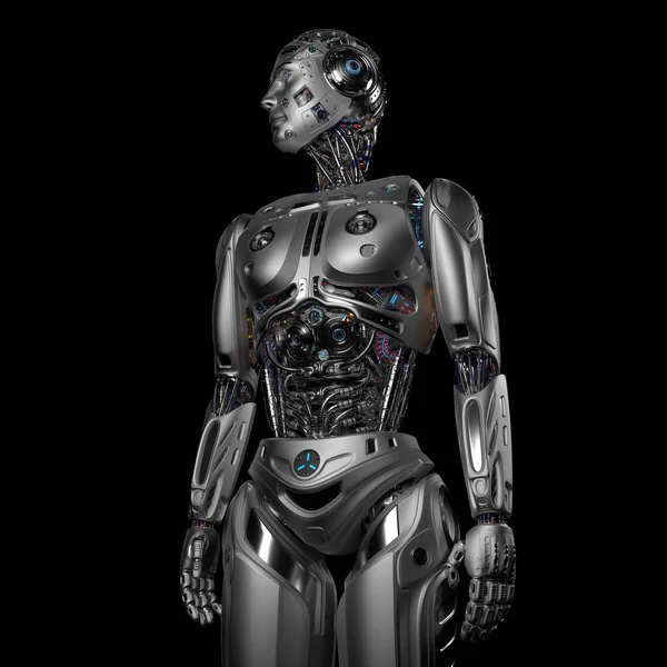 Velmi Podrobné Futuristické Robot Člověka Horní Část Těla Černém Pozadí — Stock fotografie