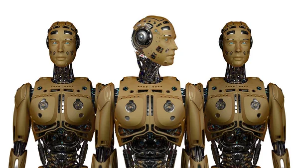 Tre Mycket Detaljerad Futuristisk Robotar Eller Grupp Cyborgs Vit Bakgrund — Stockfoto