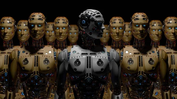 Futuristické Armádě Robot Nebo Skupiny Kyborgové Černém Pozadí Vykreslení — Stock fotografie