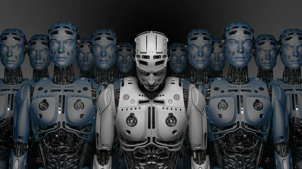 Futuristische Roboterarmee Oder Cyborgs Auf Dunklem Hintergrund Renderer — Stockfoto