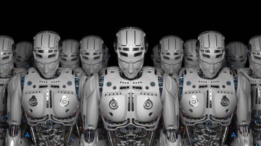 3D Render Futuristic Robot army or group of cyborgs on black background