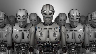 3D çok detaylı fütüristik robot ordusu veya grup cyborgs gri arka plan üzerinde işlemek