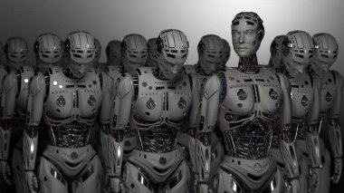 3D çok detaylı fütüristik robot ordusu veya grup cyborgs gri arka plan üzerinde işlemek