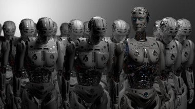 3D çok detaylı fütüristik robot ordusu veya grup cyborgs gri arka plan üzerinde işlemek