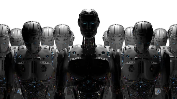 Rendering Futuristische Roboterarmee Oder Gruppe Von Cyborgs Auf Weißem Hintergrund — Stockfoto