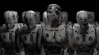 3D çok detaylı fütüristik robot ordusu veya grup cyborgs siyah arka plan üzerinde işlemek