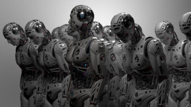 3D çok detaylı fütüristik robot ordusu veya grup cyborgs gri arka plan üzerinde işlemek