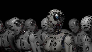 3D çok detaylı fütüristik robot ordusu veya grup cyborgs siyah arka plan üzerinde işlemek