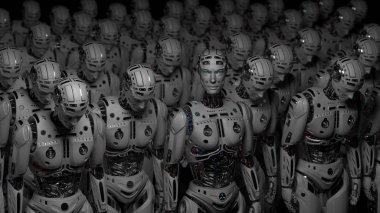 Futuristic robot army or group of grey cyborgs standing on black background. 3D Render.