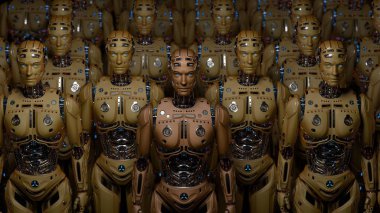 Futuristic robot army or group of yellow cyborgs standing on black background. 3D Render.