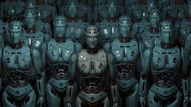 Futuristic robot army or group of cyborgs standing on black background. 3D Render.
