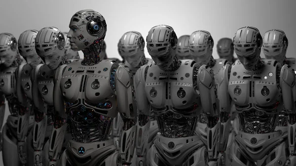 レンダリング非常に詳細な未来的なロボットの軍隊または灰色の背景にサイボーグのグループ — ストック写真