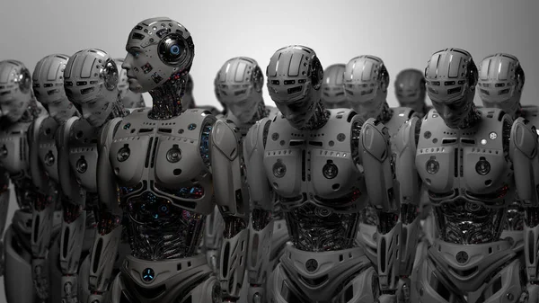 Render Ejército Robot Futurista Muy Detallado Grupo Cyborgs Sobre Fondo — Foto de Stock