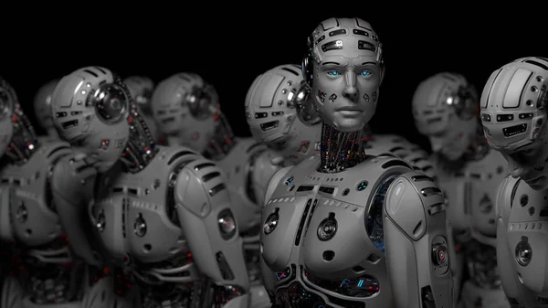Render Ejército Robot Futurista Muy Detallado Grupo Cyborgs Sobre Fondo — Foto de Stock