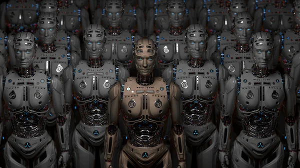 Futuristic Robot Army Group Cyborgs Standing Black Background Render — Stockfoto