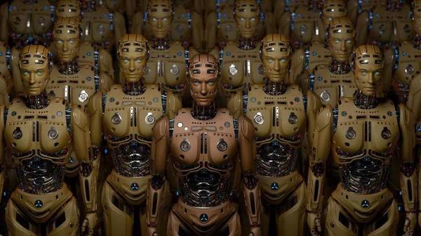 Футуристическая Армия Роботов Группа Желтых Киборгов Стоящих Черном Фоне Render Стоковое Фото