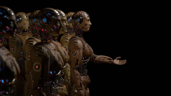 Render Futuristic Robots Группа Гуманоидных Киборгов Подающих Руку Черном Фоне Стоковое Фото