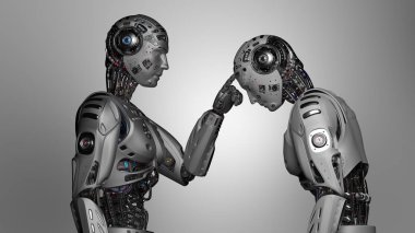 3D Render Futuristic robot man touching the forehead of another identical robot on gray background clipart