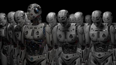 3D Render of futuristic Robot army or group of cyborgs. Side view isolated on black background