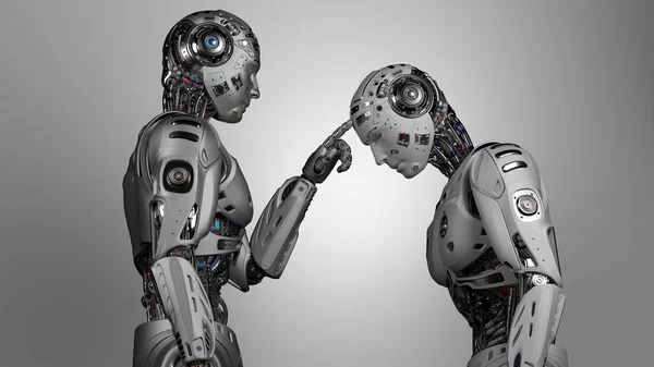 Velmi Detailní Android Kyborg Dotkne Hlavy Jiného Identického Robota Izolované — Stock fotografie