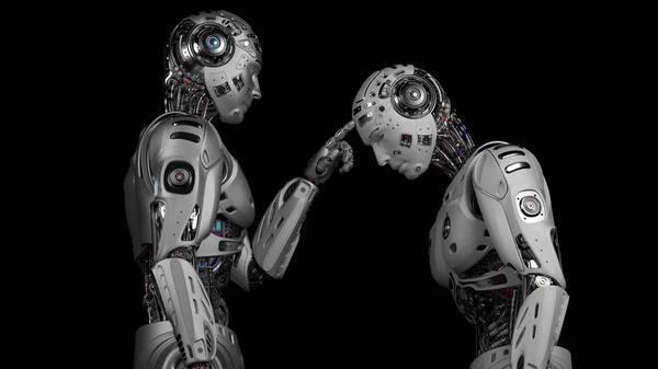 Velmi Detailní Android Kyborg Dotkne Hlavy Jiného Identického Robota Izolované — Stock fotografie