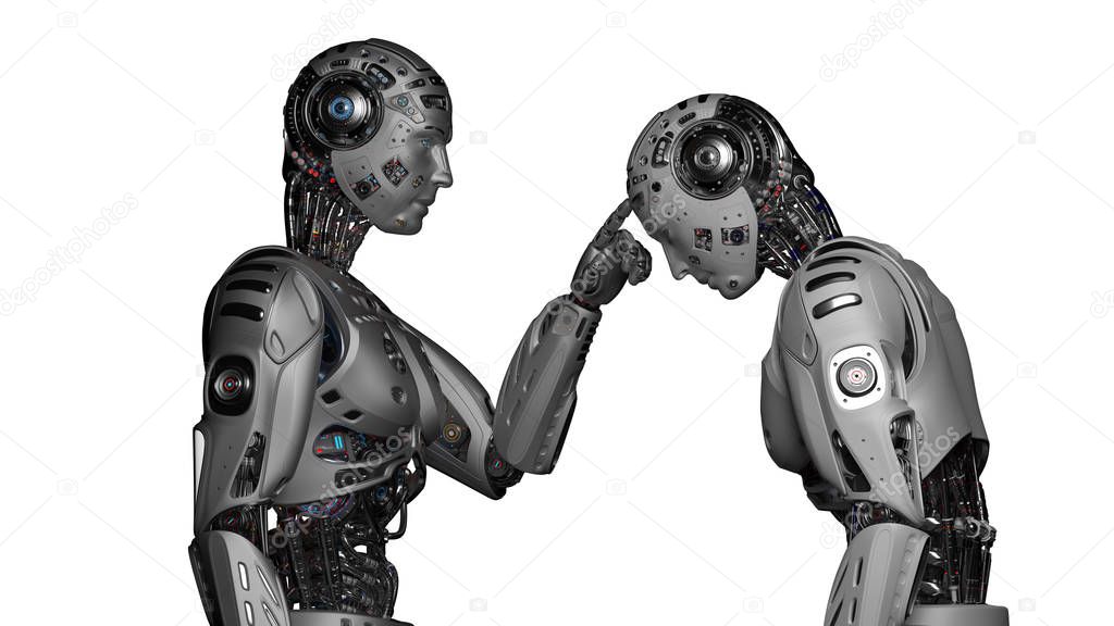 3D Render Futuristic robot man touching the forehead of another identical robot on white background