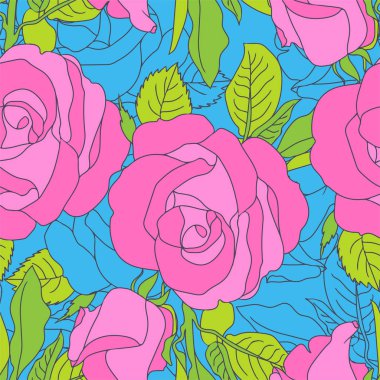 Mavi bir arka plan üzerinde pembe gül deseni. Mavi dokulu bir arka plan üzerinde yeşil yaprakları ile büyük parlak pembe güller