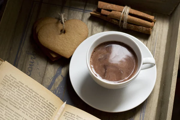 Cocoa drink, book, cinnamon and chocolate