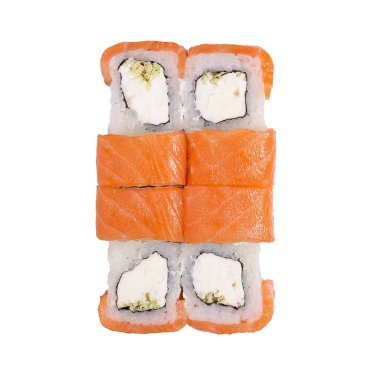 Suşi ve rulo beyaz bir arka plan üzerinde kesilir, izole