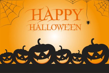 Vektör resimde siyah kabaklar, örümcekler ve örümcek ağları metin mutlu Cadılar Bayramı, turuncu arka plan, Cadılar Bayramı