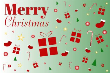 Kompozisyon Noel nesneler, Noel ağacı, yıldız, topları, çorap, şeker kamışı, hediye kutusu, metin neşeli Noel, Noel vektör