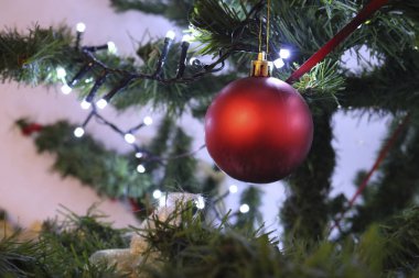 Kırmızı topları, ışıklar ve Noel süslemeleri ile Noel ağacı Close-up