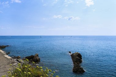 Panorama ufuk deniz, sarı çiçekler, doğa ve manzara Liguria kayalık uçurum