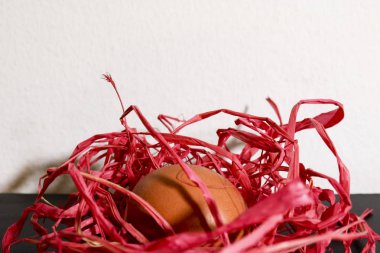 Yumurta beyaz bir arka plan, Paskalya süslemeleri ve şenlik ile kırmızı bir saman yuva içinde dinlenme