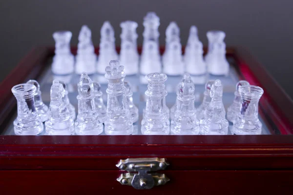 Close Glass Chess Board All Pieces Games Society Logic — Stock Photo, Image