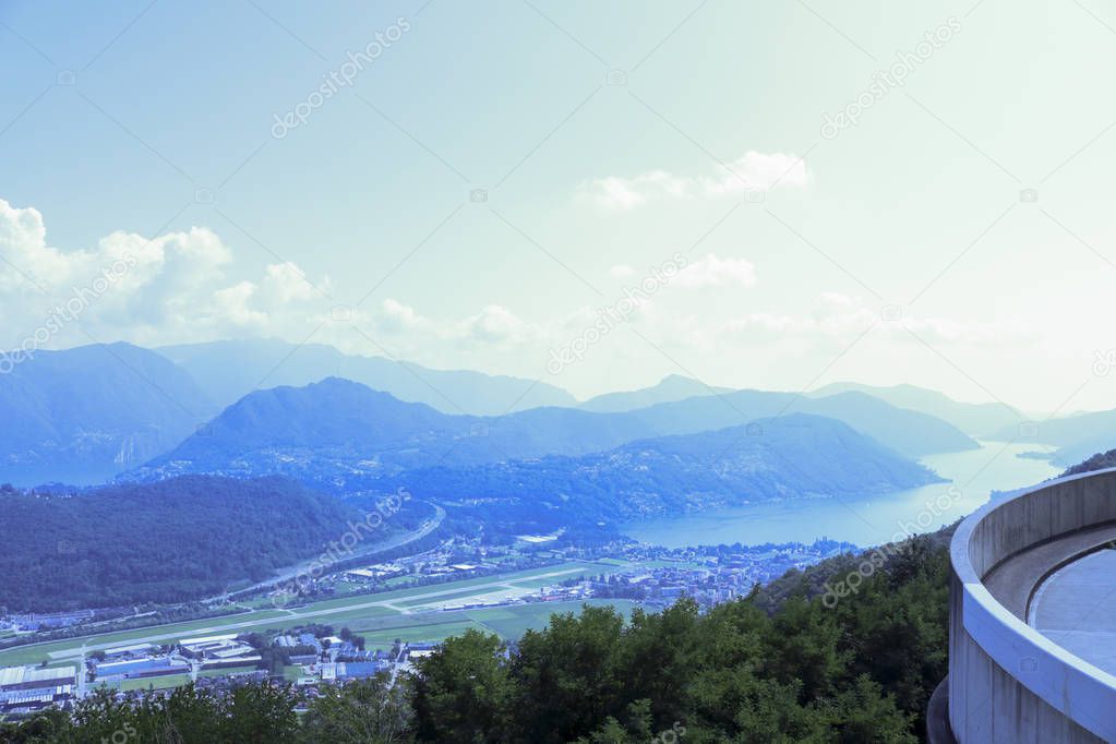 Top view of the mountains and the lake and of the city of Lugano from Cademario, landscapes and nature